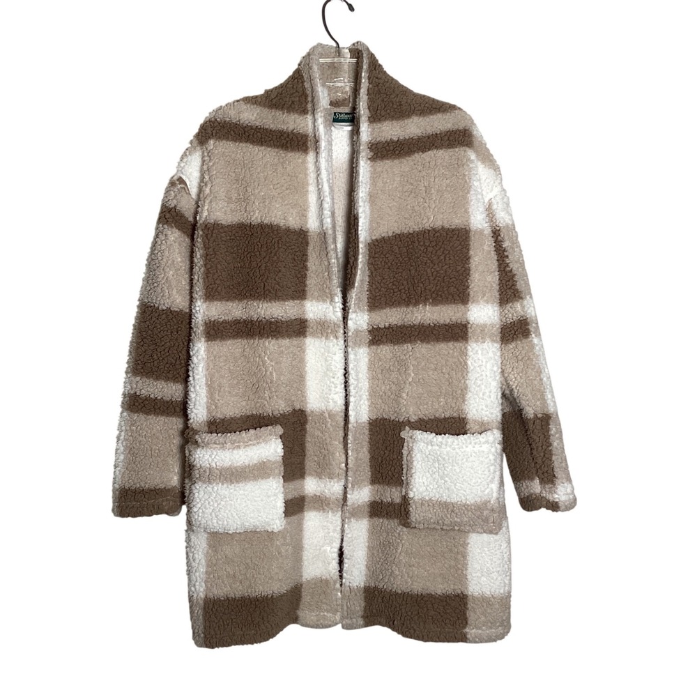Stillwater Supply Co Sherpa Coat Women M Brown Plaid Teddy Fleece Fuzzy Warm